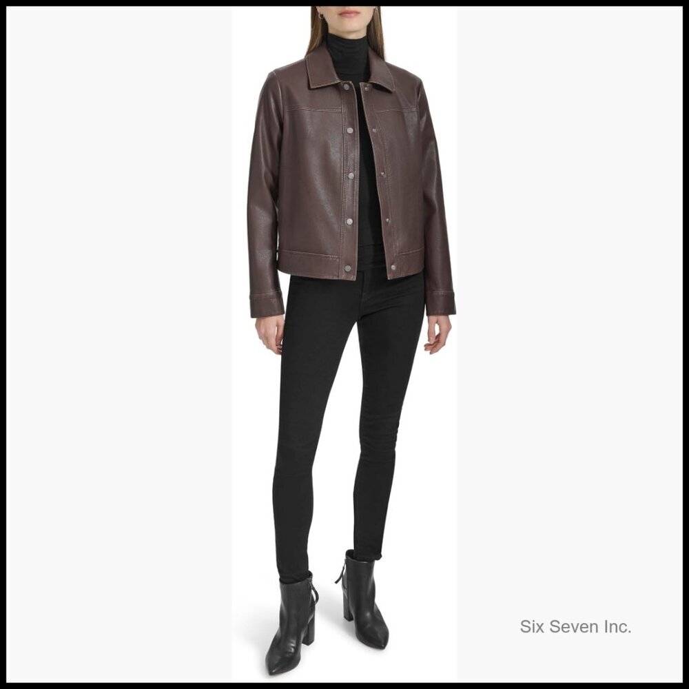Faux Leather Trucker Jacket with Snap Closure and Pockets